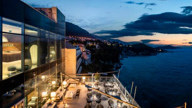 Balcony view at dusk overlooking the ocean in Croatia Hotel Bellevue Dubrovnik