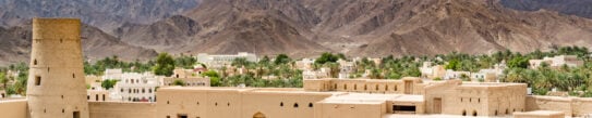 Looking out across Bahla Fort (Qal'at Bahla) against the backdrop of the Djebel Akhdar highlands in Oman