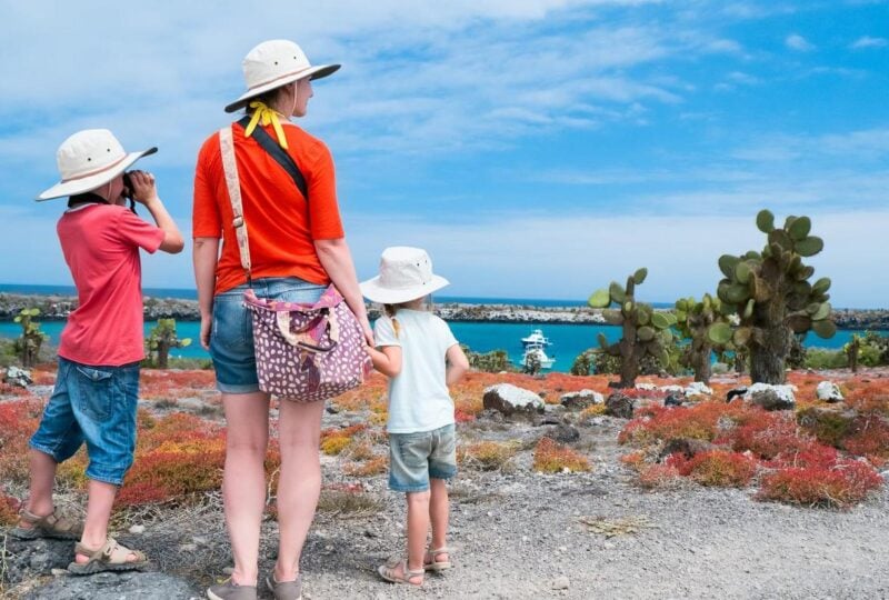 Mother and kids hiking in the Galapagos